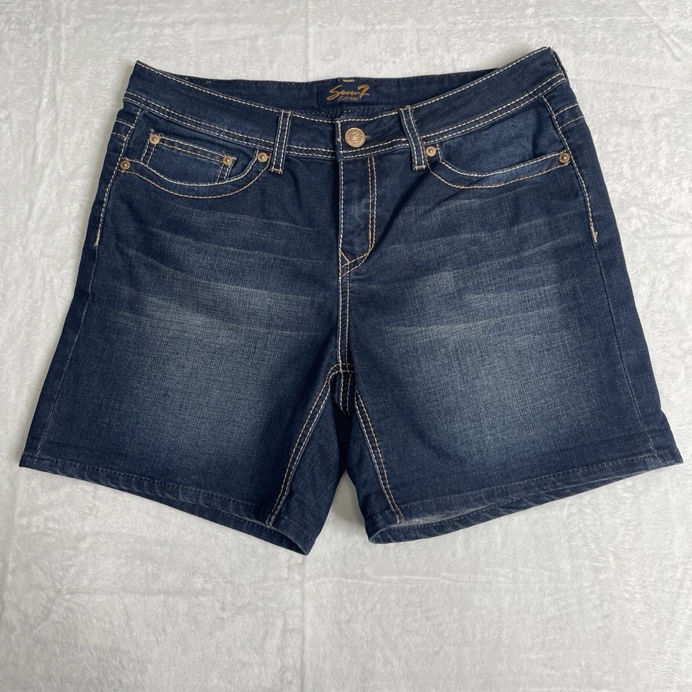 Seven7 Jean Shorts Size 12 Dark Denim Mid Length Embellished Pocket Casual - Picture 11 of 11